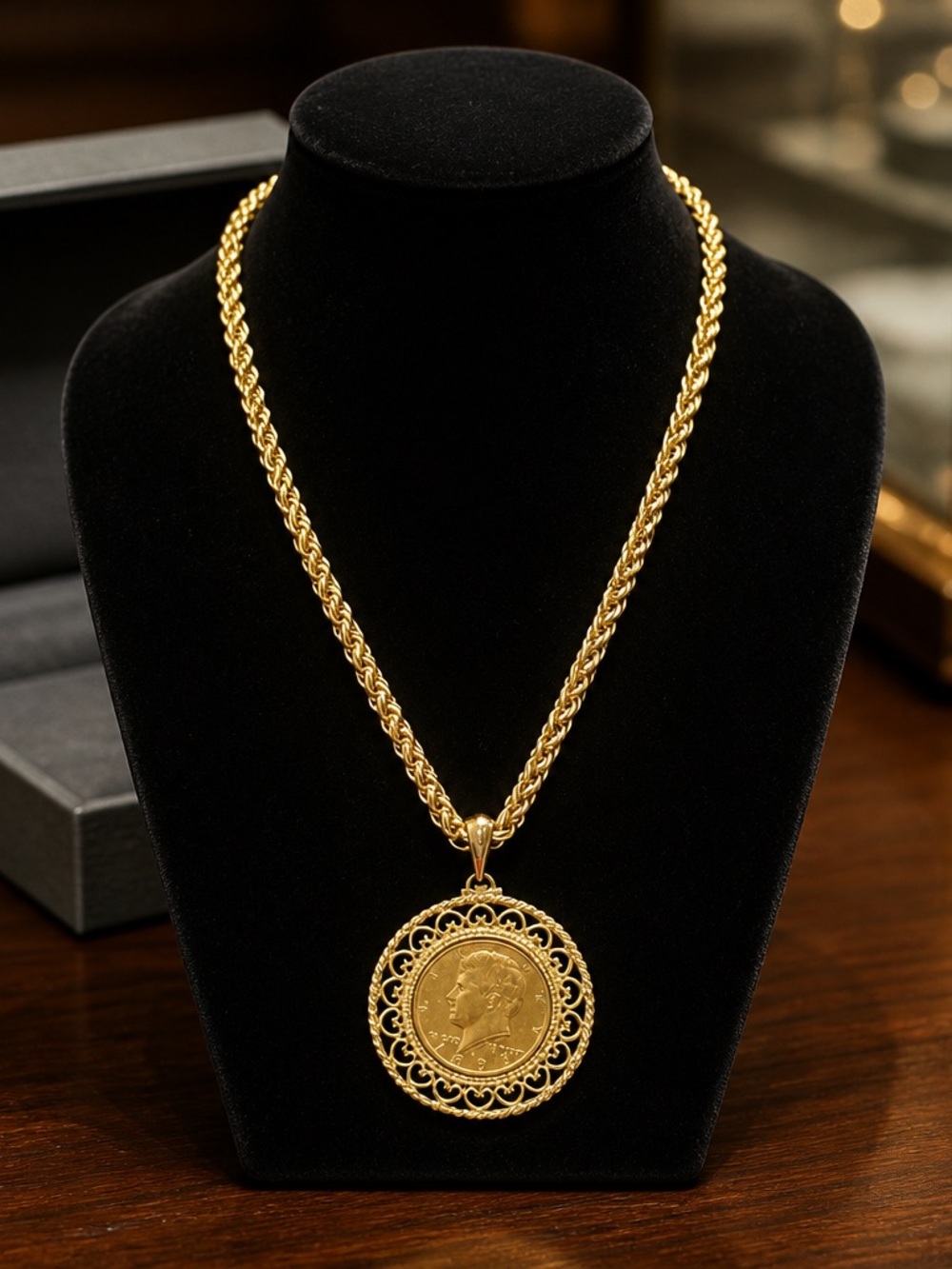 Gold Coin Pendant Rope Chain Necklace - Women Jewelry